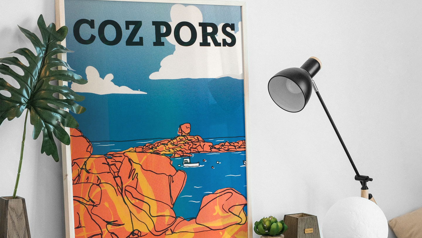 Affiche sérigraphiée Coz Pors, orange et bleu, Trégastel, Côte d'armor, Bretagne, par Valentine Carré
