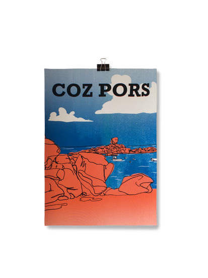 Affiche sérigraphiée Coz Pors, orange et bleu, Trégastel, Côte d'armor, Bretagne, par Valentine Carré