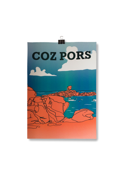 Affiche sérigraphiée Coz Pors, orange et bleu, Trégastel, Côte d'armor, Bretagne, par Valentine Carré
