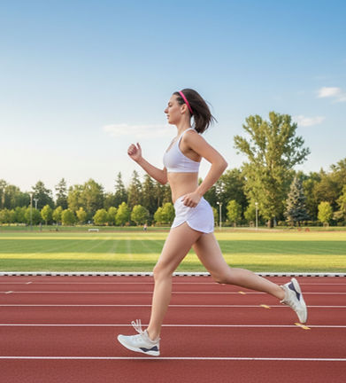 female runner in mid stride on a track in lakeville mn after successful sports injury treatment.