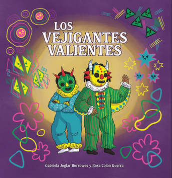 Book cover for Los vejigantes valientes. Two little boys dressed up as vejigantes.