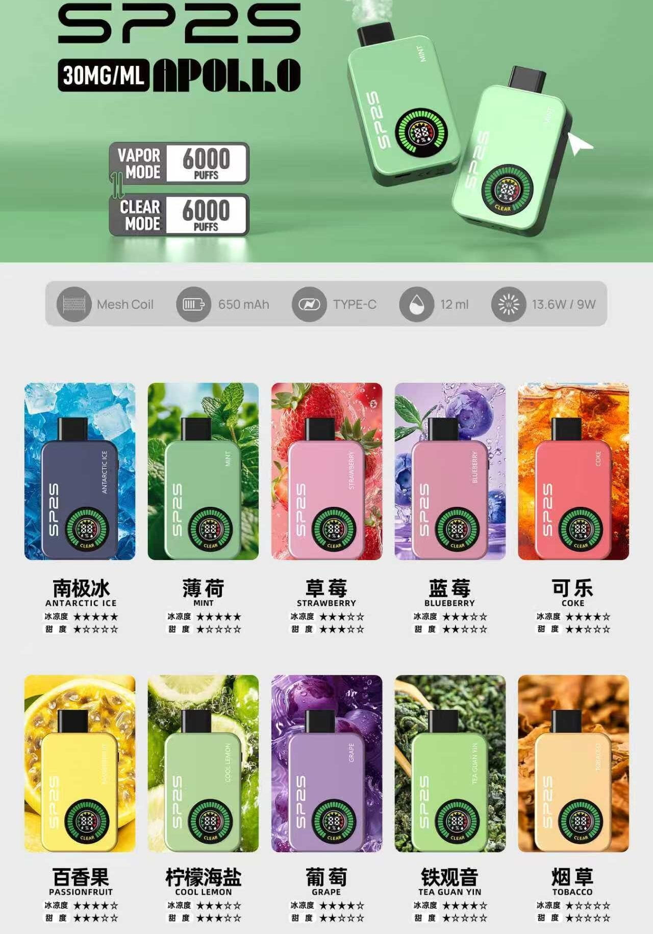 SP2S Apollo 12000口拋棄式電子煙｜雙模式無煙霧黑科技・全彩數據螢幕-VAPEORBIT蒸汽幻境