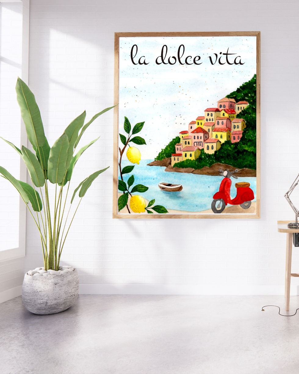 Aquarell Kunstdruck der Amalfiküste in Italien mit bunten Häusern am Meer und mediterranem Urlaubsflair