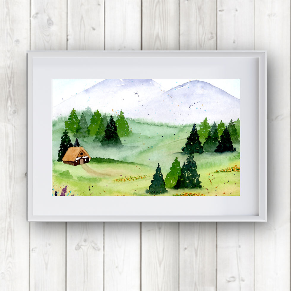 Frühlingshaftes Schwarzwald Aquarell mit kleiner Kapelle und heller Natur in sanften Farben