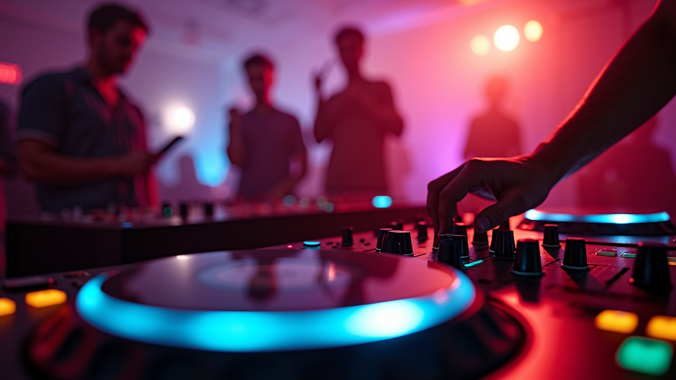 Eye-level view of a DJ mixing music at a vibrant birthday party