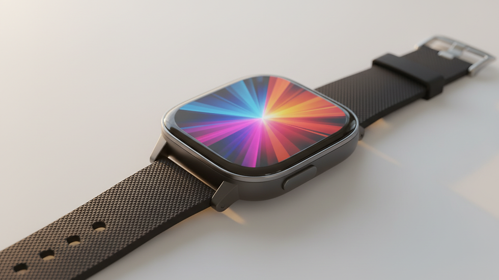 Close-up de smartwatch unissex com pulseira preta em superfície branca