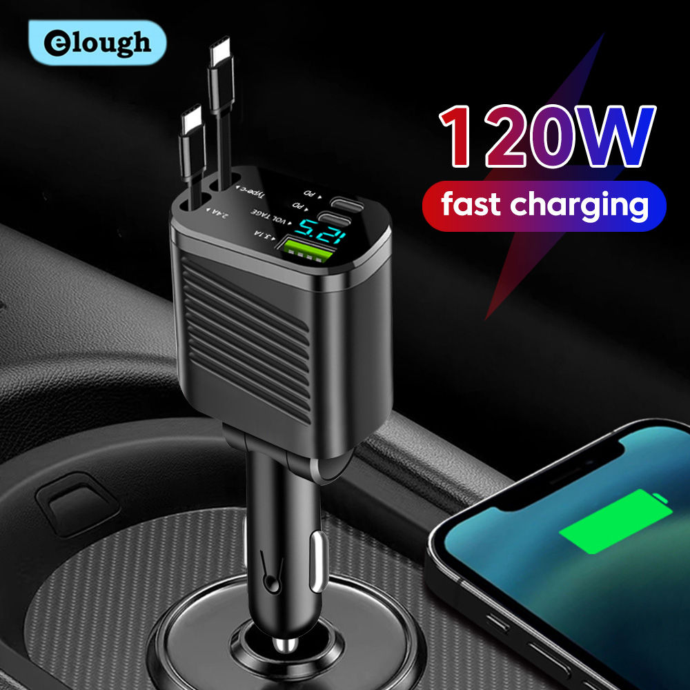 Carregador Veicular Elough com Display Digital – Super Rápido- Cabo Retrátil iOS