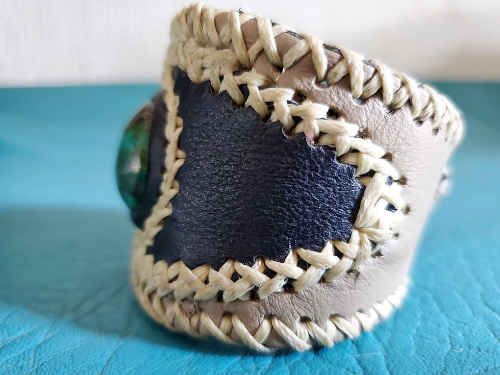 Thumbnail: Handmade Chrysocolla and genuine leather bracelet.