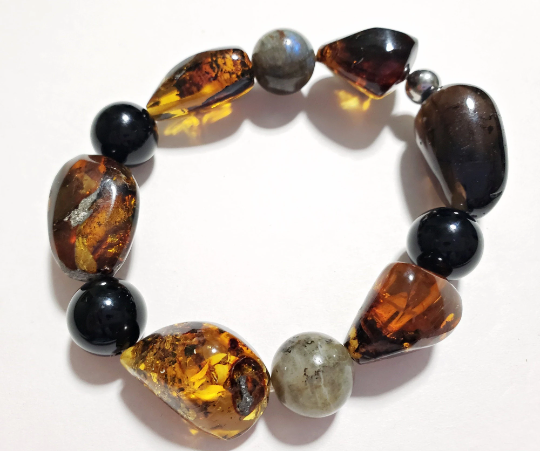 Thumbnail: Large beaded bracelet with Onyx, Smoky Quartz, and Labr