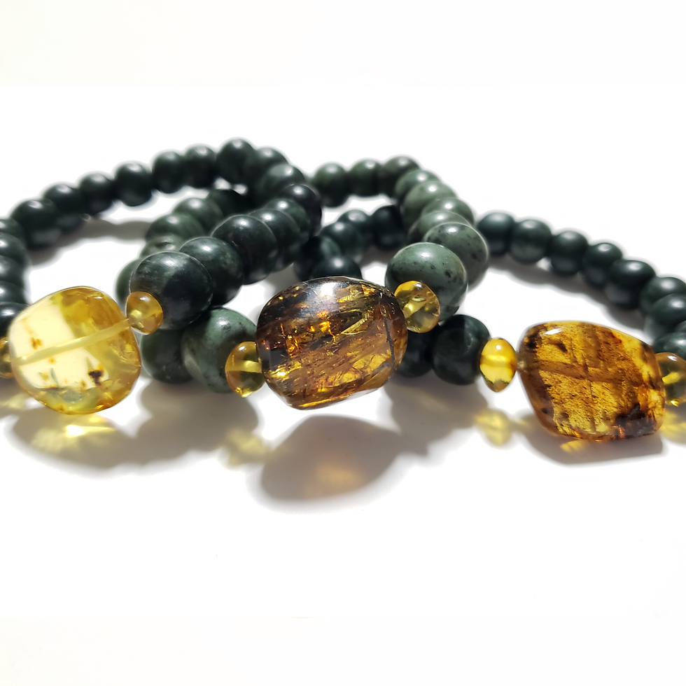 Thumbnail: Pre-Hispanic style Mexican Amber and Jade  beaded bracelets.