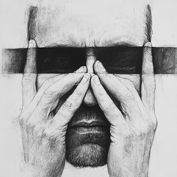 Ein monochromes Kunstwerk zeigt das Gesicht einer Person, das hinter den eigenen Händen verborgen ist, mit einem schwarzen Balken, der die Augen verdeckt. Die Hände liegen eng am Gesicht, die Finger gespreizt und mit feinen, detaillierten Linien gezeichnet, die eine starke Textur und Tiefe erzeugen. Der schwarze Balken über den Augen symbolisiert eine bewusste Begrenzung der Sicht, während die Hände das Gesicht wie zum Schutz oder zur Selbstwahrnehmung umschließen. Die Zeichnung strahlt Intimität und Nachdenklichkeit aus und lädt zur Reflexion über innere Wahrnehmung und das Unsichtbare ein.