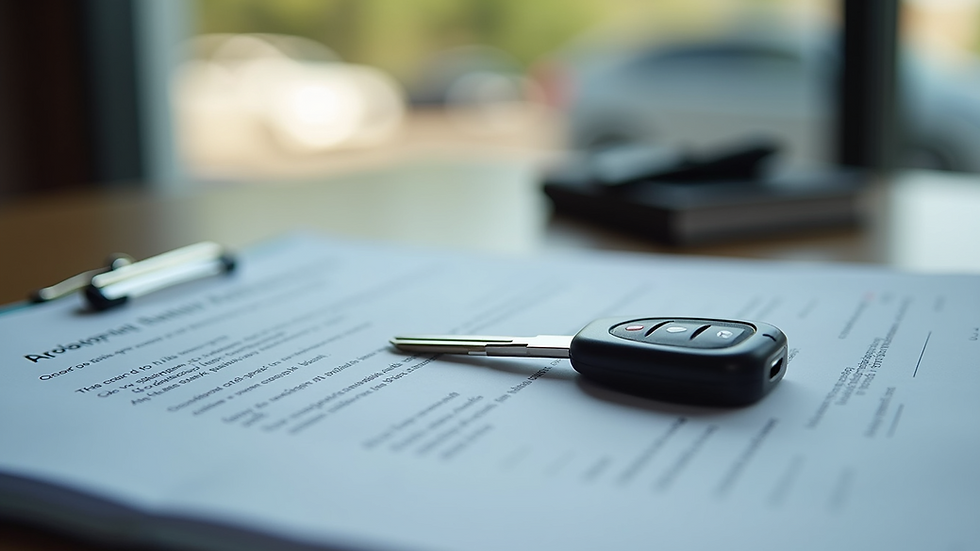 Close-up view of a rental car key and contract document on a table