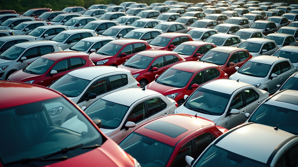 High angle view of a fleet of rental cars parked neatly