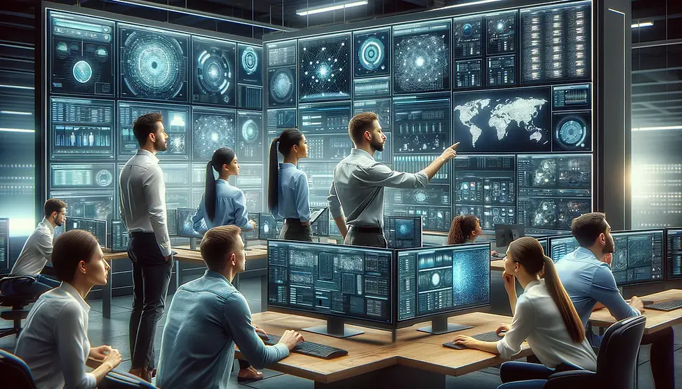 Image of a modern network operations center where diverse technicians interact with advanced software on large screens. They are monitoring complex data recovery processes, displaying dynamic, real-time updates. The center features a futuristic design with ambient lighting, enhancing the high-tech environment. Technicians, dressed in smart casual attire, are engaged in discussions, pointing at specific data structures displayed on the screens.
