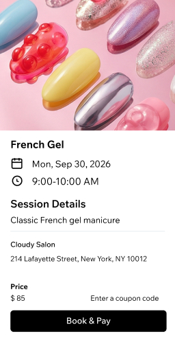 French gel manicure booking page showing colorful gel nail samples with session details, pricing at $85, and a Book and Pay button