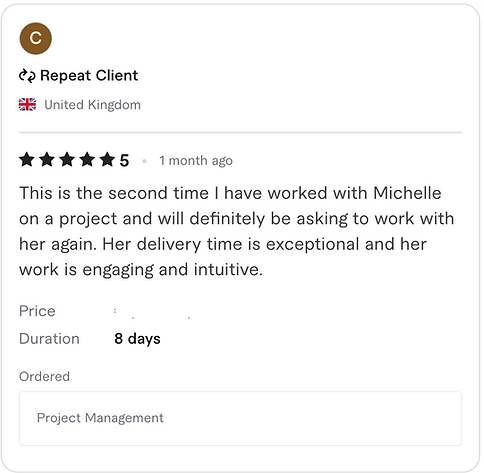 An image showing a 5 star client review about Michelle's work. The client is saying that working with Michelle is being great
