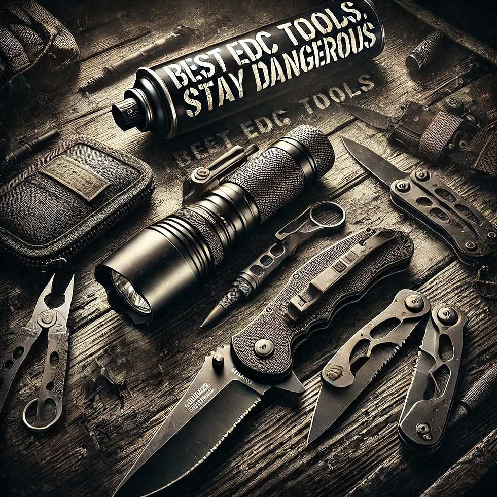EDC tools on wooden surface: knives, flashlight, pliers. Spray can reads "BEST EDC TOOLS STAY DANGEROUS." Rugged, tactical vibe.