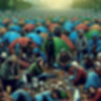 A large crowd of people in hoodies and jackets sit among colorful tents on a street, surrounded by litter, conveying a somber mood.
