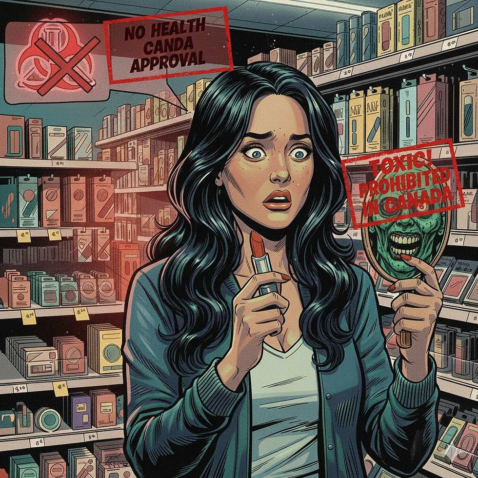 Comic-style illustration of a Canadian woman at a dollar store examining makeup, with warning icons highlighting banned ingredients like lead and mercury
