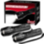 Two black tactical LED flashlights with white engravings are displayed in front of a red and black box labeled "Tactical LED Flashlight 2 Pack."