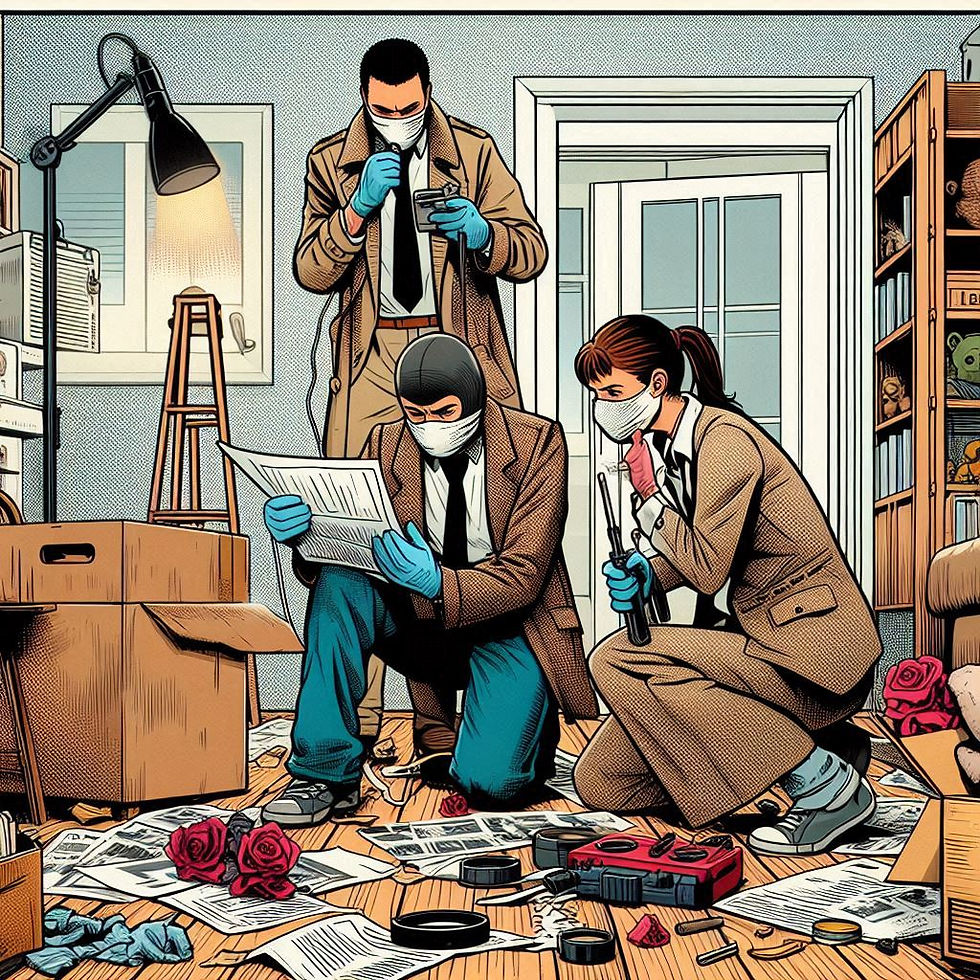 Investigators in masks and gloves examine evidence in a cluttered room. Papers, roses, and tools are scattered. Serious mood.