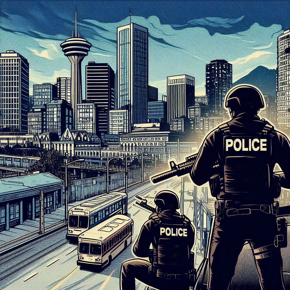Two police officers with rifles stand on a rooftop overlooking a cityscape with high-rises. Buses drive below. Comic-style illustration.