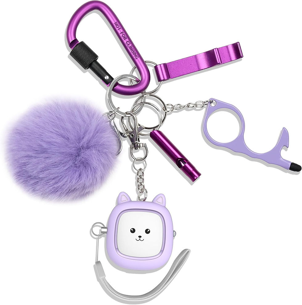 Purple keychain set with fluffy pom-pom, carabiner, whistle, and a cartoon animal face charm. Text reads "NOT FOR CLIMBING."