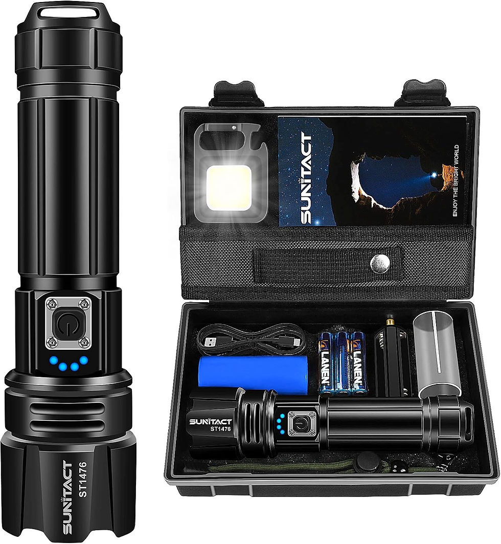 Black flashlight kit with flashlight, USB cable, battery, and charger in a black case. Text: "Suntact."