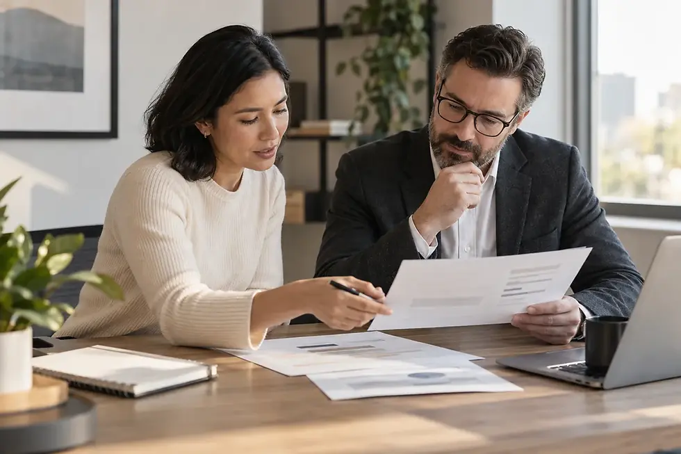 Two colleagues review implementation planning documents beside a laptop and notebook at an office table.