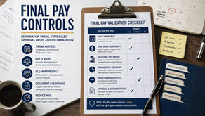 Clipboard with "Final Pay Validation Checklist," notes about timing, approvals, and risk reduction. Calendar shows "Last Day Worked" on 15th.