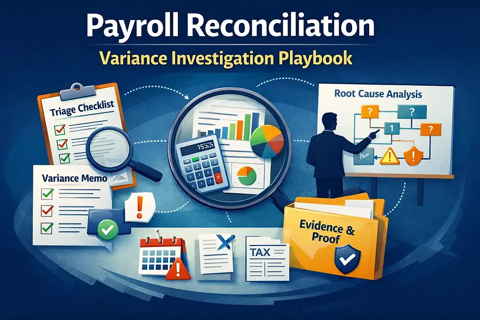 Man points at a flowchart labeled Root Cause Analysis. Nearby, charts and items like a calculator and checklist show a payroll theme.