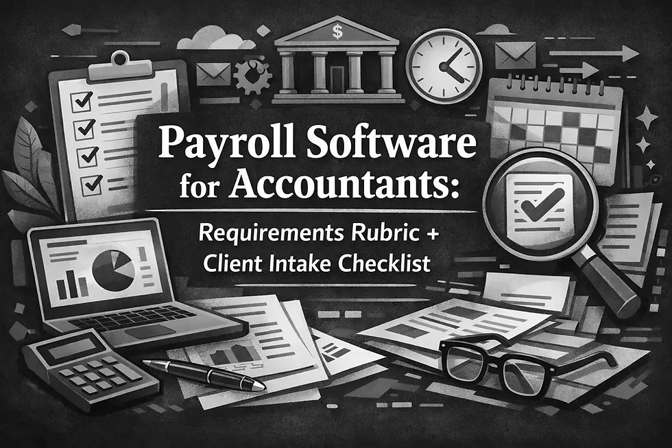 Black and white image with a laptop, calculator, pen, glasses, clipboard, and clock. Text: Payroll Software for Accountants: Requirements Rubric + Client Intake Checklist.
