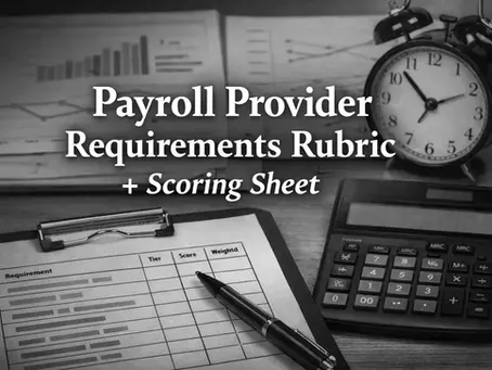 Clock, calculator, and scoring sheet on desk. Text: "Payroll Provider Requirements Rubric + Scoring Sheet." Monochrome setting.