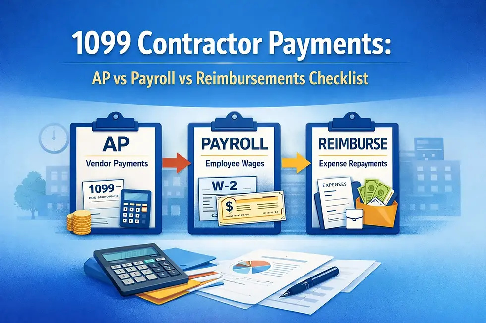 Clipboards labeled AP, Payroll, Reimburse; coins, documents, and calculator around them. Text: 1099 Contractor Payments checklist. Blue theme.