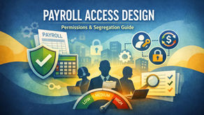 Silhouetted figures using laptops with financial icons. Text: "PAYROLL ACCESS DESIGN." Security symbols and colorful city backdrop.