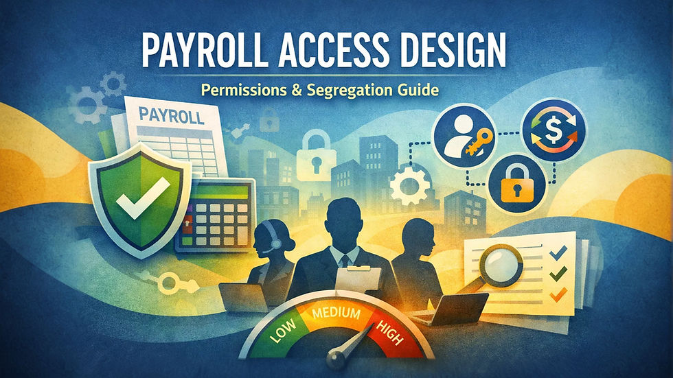 Silhouetted figures using laptops with financial icons. Text: "PAYROLL ACCESS DESIGN." Security symbols and colorful city backdrop.