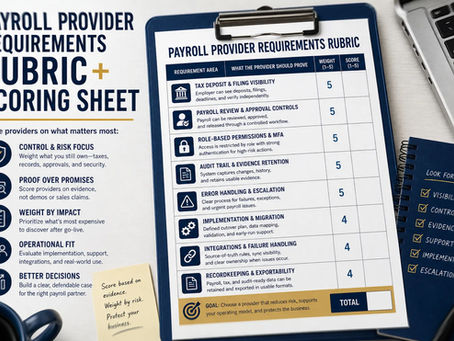 Payroll provider scoring sheet with rubrics on a clipboard. Notebook and cup nearby. Emphasizes risk, proof, and operational fit.