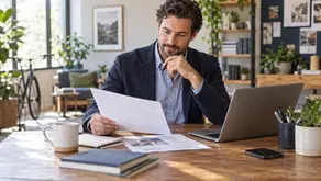 A business owner reviews printed paperwork at a wooden desk beside an open laptop in a sunlit office.