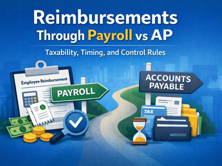 Infographic on reimbursements via Payroll vs AP. Features clipboard, money, signs, an hourglass, and folders against a cityscape.