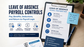 Clipboard with "Leave of Absence Payroll Controls" info; icons illustrate pay, benefits, deductions. Blue sticky note reads "One source of truth."