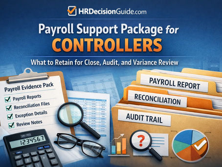 Clipboard with checklist and calculator on left, folders labeled Payroll Report, Reconciliation, and Audit Trail on right, magnifying glass over papers.