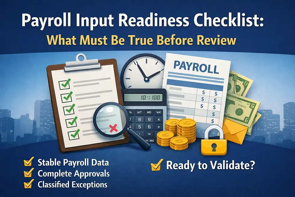 Payroll readiness checklist image with checklist, clock, calculator, coins, and lock. Text: "What Must Be True Before Review."
