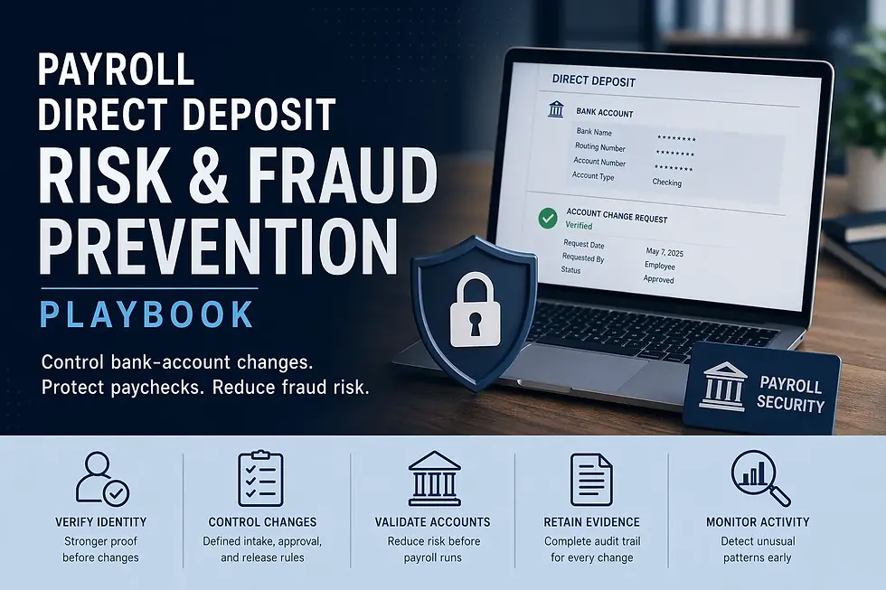 Laptop displaying direct deposit details, blue shield icon with lock, and text on payroll risk prevention. Blue backdrop, secure theme.