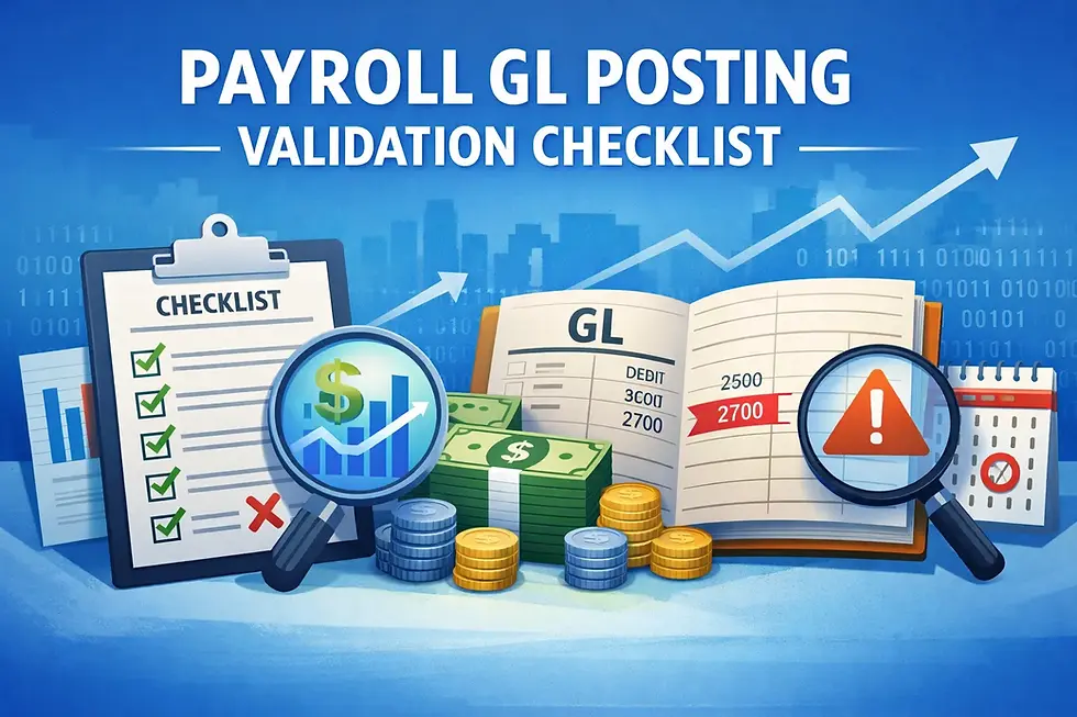 Payroll GL Posting Validation Checklist image with charts, icons, checkmarks, a calendar, coins, and cash on a blue cityscape background.