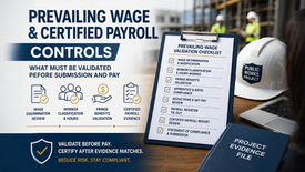 Prevailing wage & certified payroll controls infographic with validation checklist, hard hat, laptop, and workers.