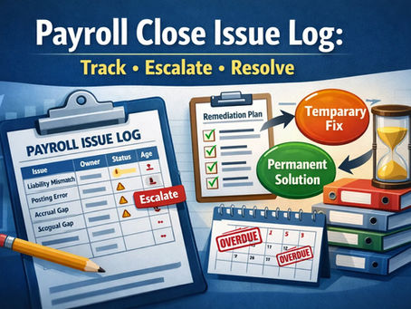 Payroll process graphic with logs, calendar, and files. Arrows show steps from temporary fix to permanent solution. Overdue tasks marked.