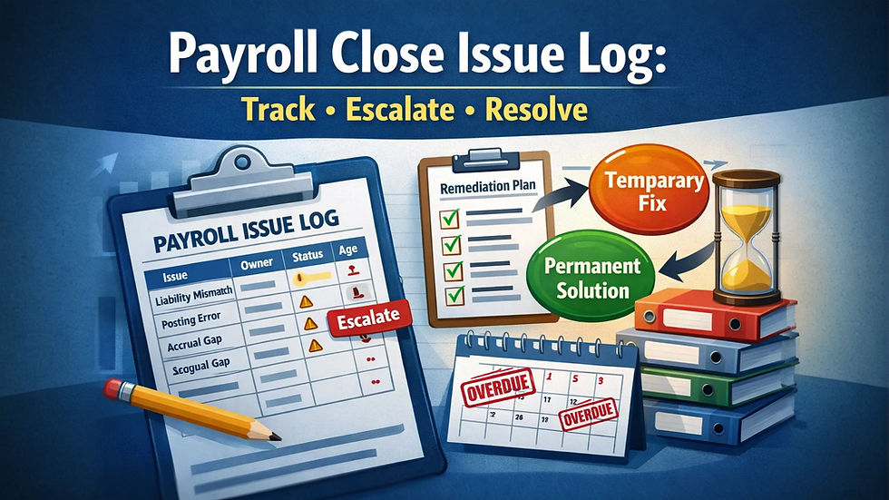 Payroll process graphic with logs, calendar, and files. Arrows show steps from temporary fix to permanent solution. Overdue tasks marked.