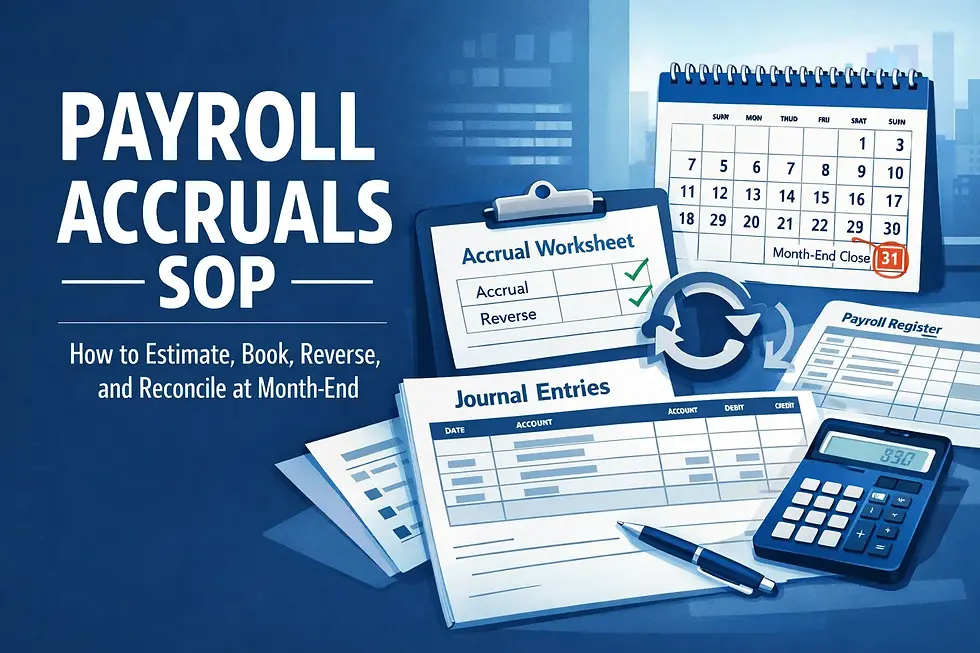 Blue-themed image showing "PAYROLL ACCRUALS SOP" text, a calendar, journal entries, a calculator, and pen. Emphasizes month-end processes.