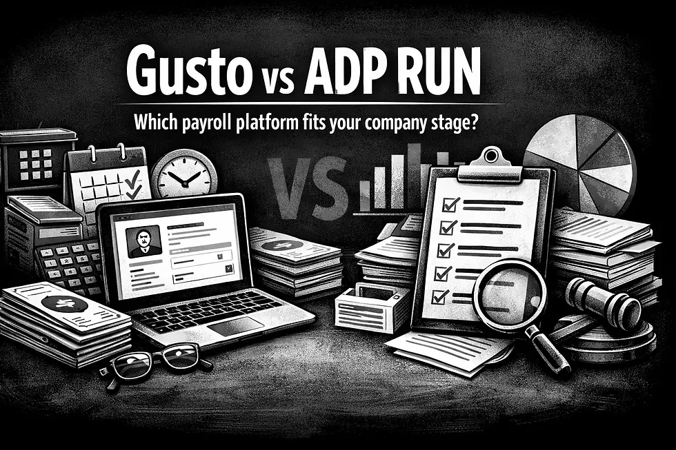 Laptop, clipboard, and office supplies in grayscale. Text: Gusto vs ADP RUN - Which payroll platform fits your company stage? Business theme.