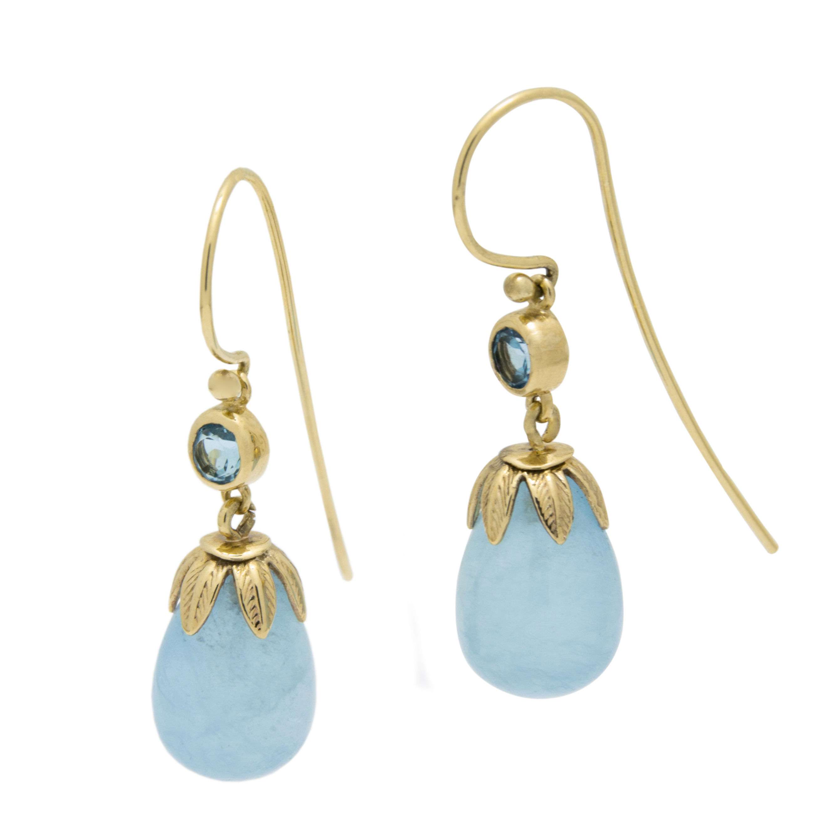 עגילי זהב עלים ואקווה מרין טיפה